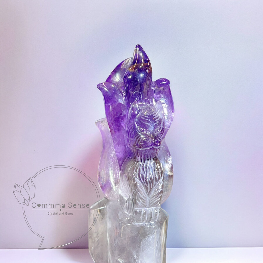 紫水晶九尾狐擺設連木座 Amethyst Fox with Wooden Stand